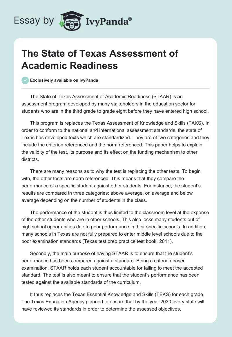 The State of Texas Assessment of Academic Readiness. Page 1