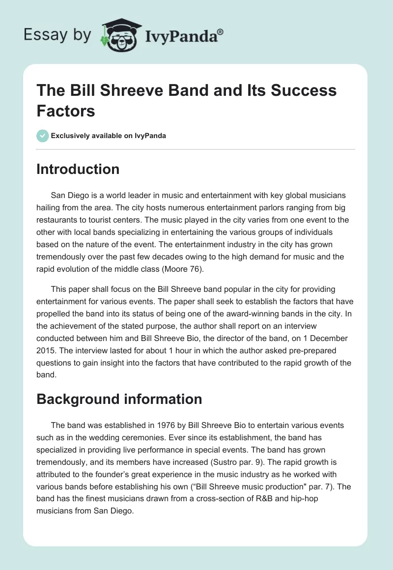The Bill Shreeve Band and Its Success Factors. Page 1