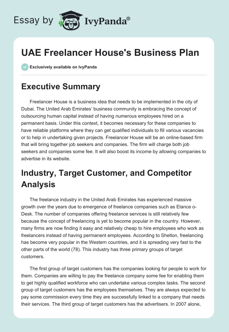 UAE Freelancer House's Business Plan. Page 1