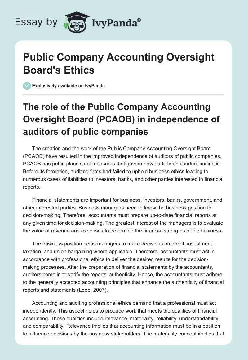 Public Company Accounting Oversight Board's Ethics. Page 1