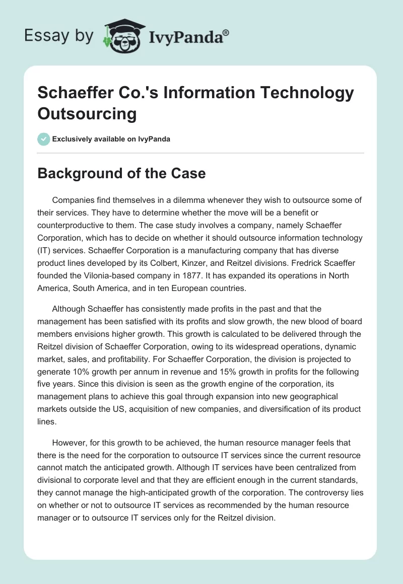 Schaeffer Co.'s Information Technology Outsourcing. Page 1