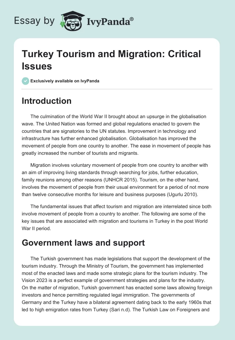 Turkey Tourism and Migration: Critical Issues. Page 1