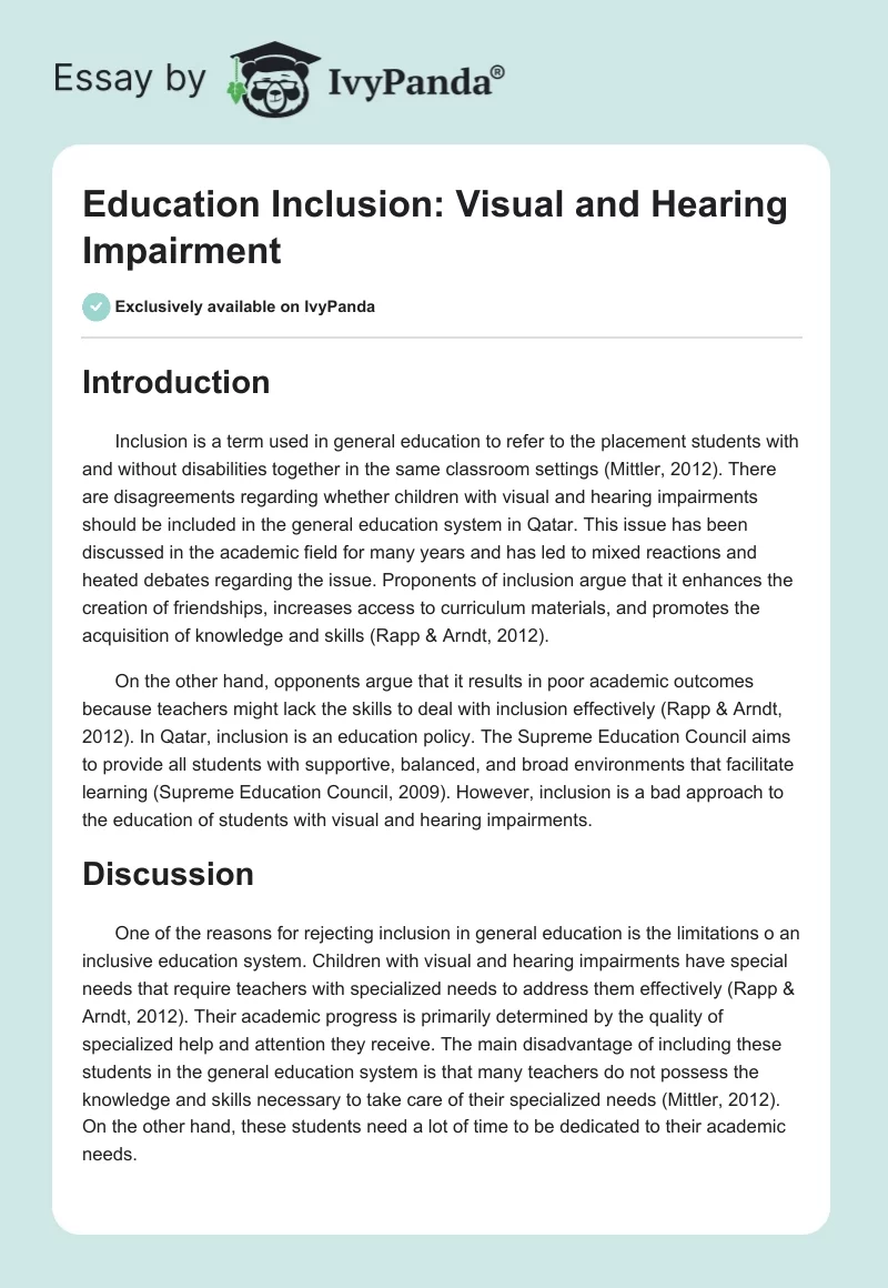 Education Inclusion: Visual and Hearing Impairment. Page 1