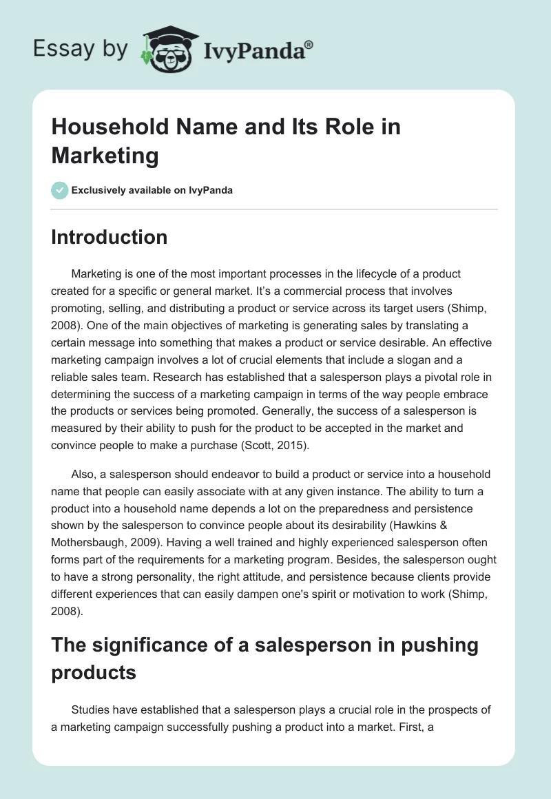 Household Name and Its Role in Marketing. Page 1