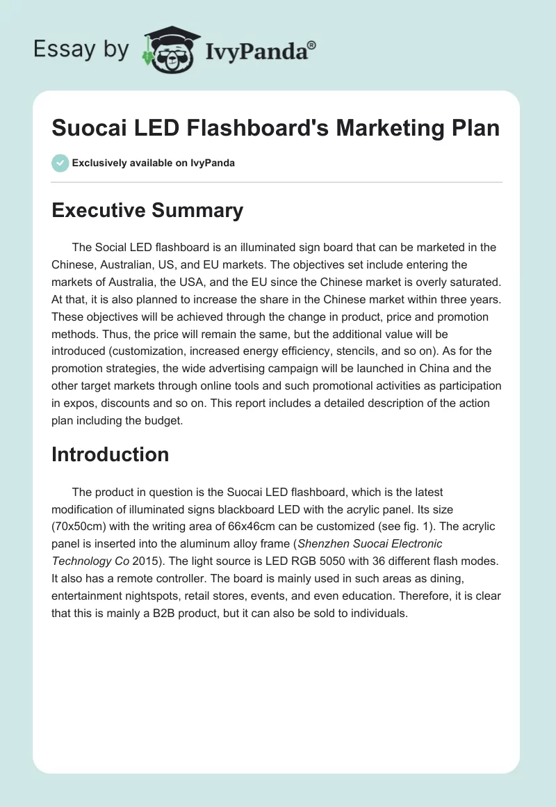 Suocai LED Flashboard's Marketing Plan. Page 1