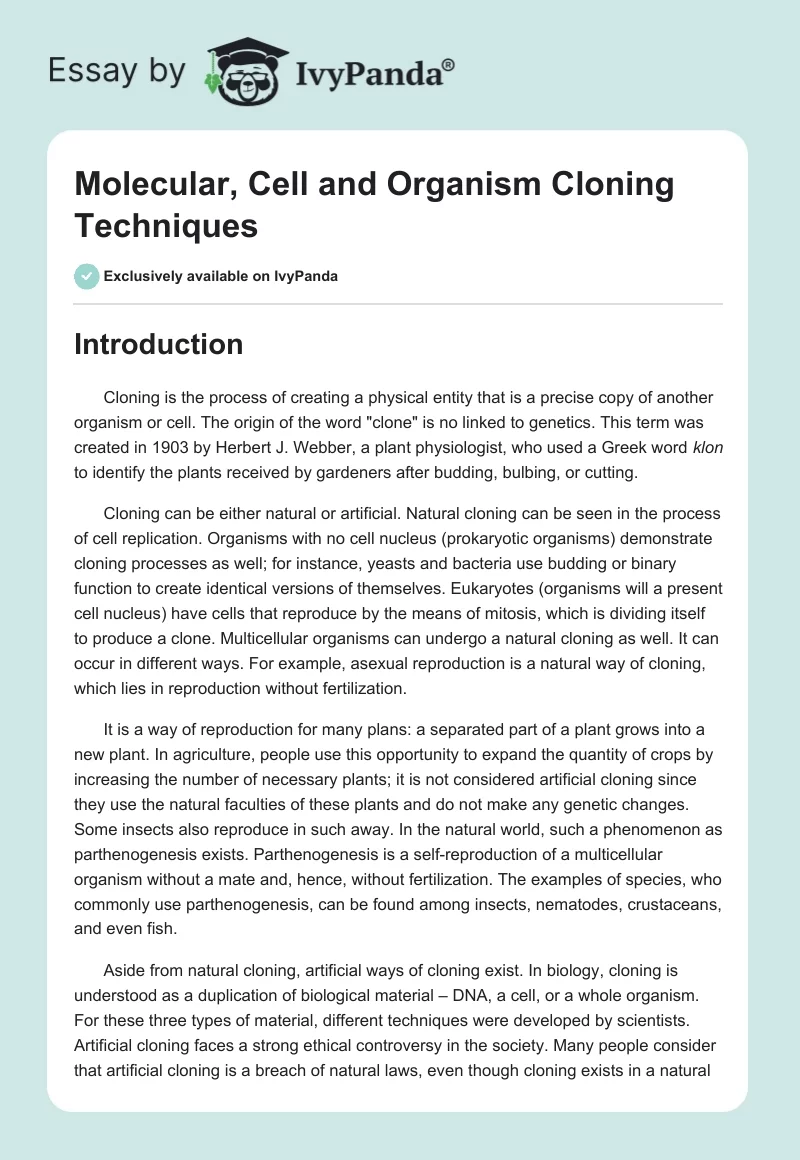Molecular, Cell and Organism Cloning Techniques. Page 1