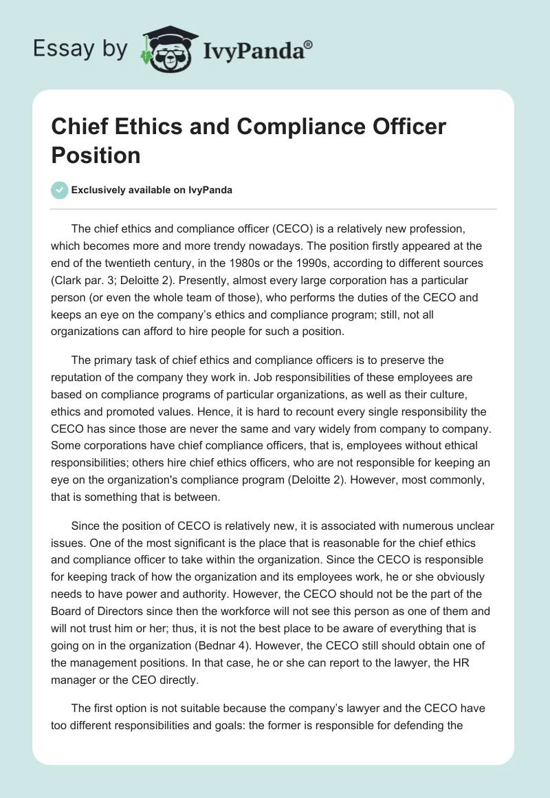 Chief Ethics and Compliance Officer Position. Page 1