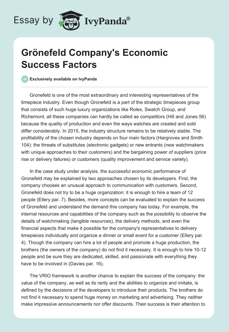 Grönefeld Company's Economic Success Factors. Page 1