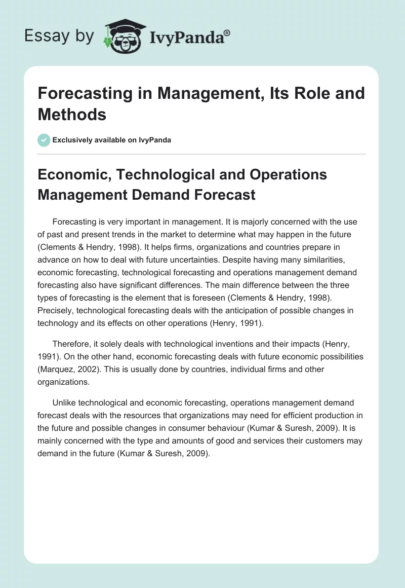 Forecasting in Management, Its Role and Methods. Page 1