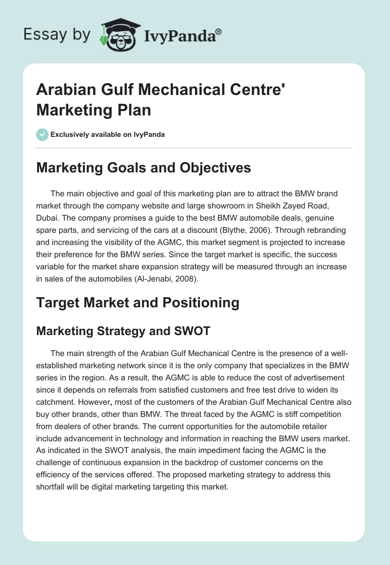 Arabian Gulf Mechanical Centre' Marketing Plan. Page 1