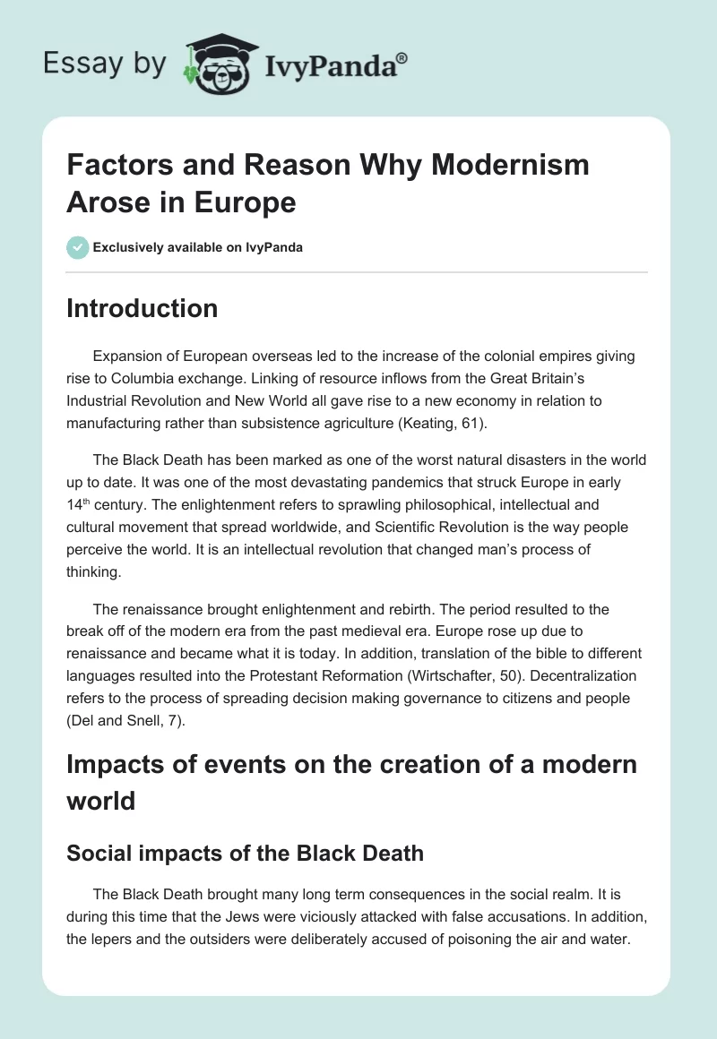 Factors and Reason Why Modernism Arose in Europe. Page 1