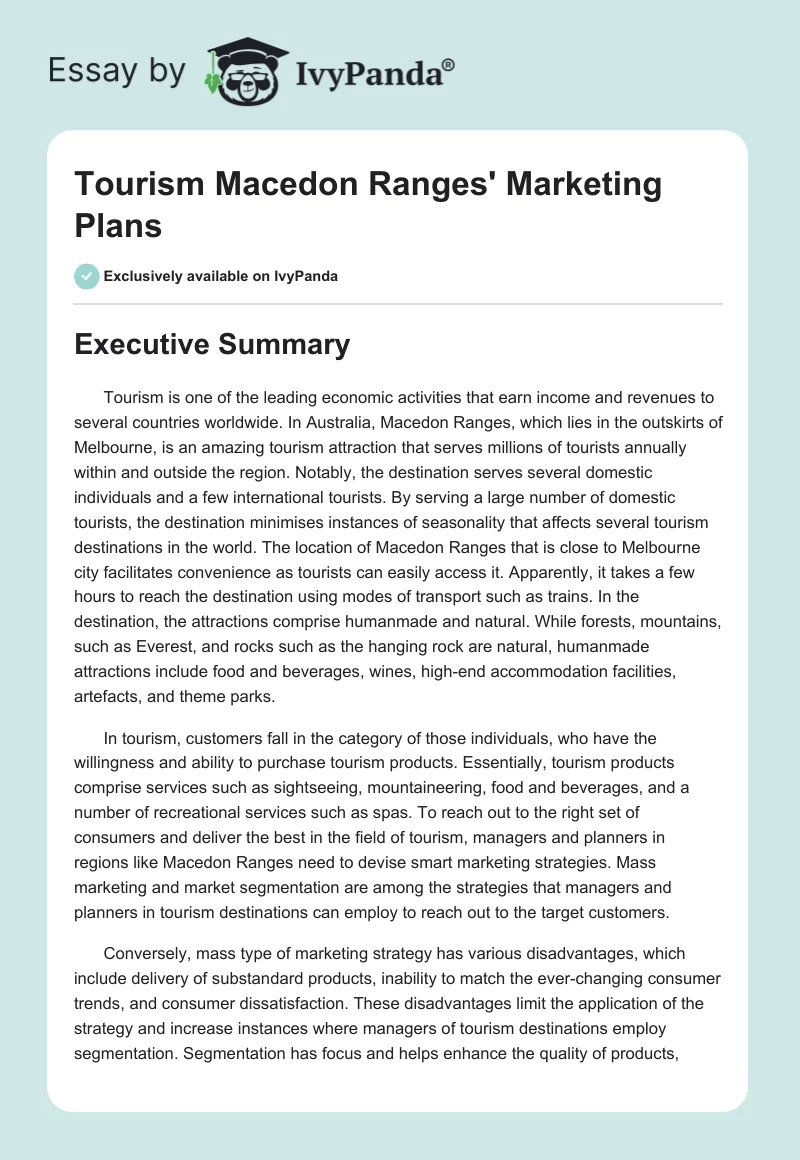 Tourism Macedon Ranges' Marketing Plans. Page 1