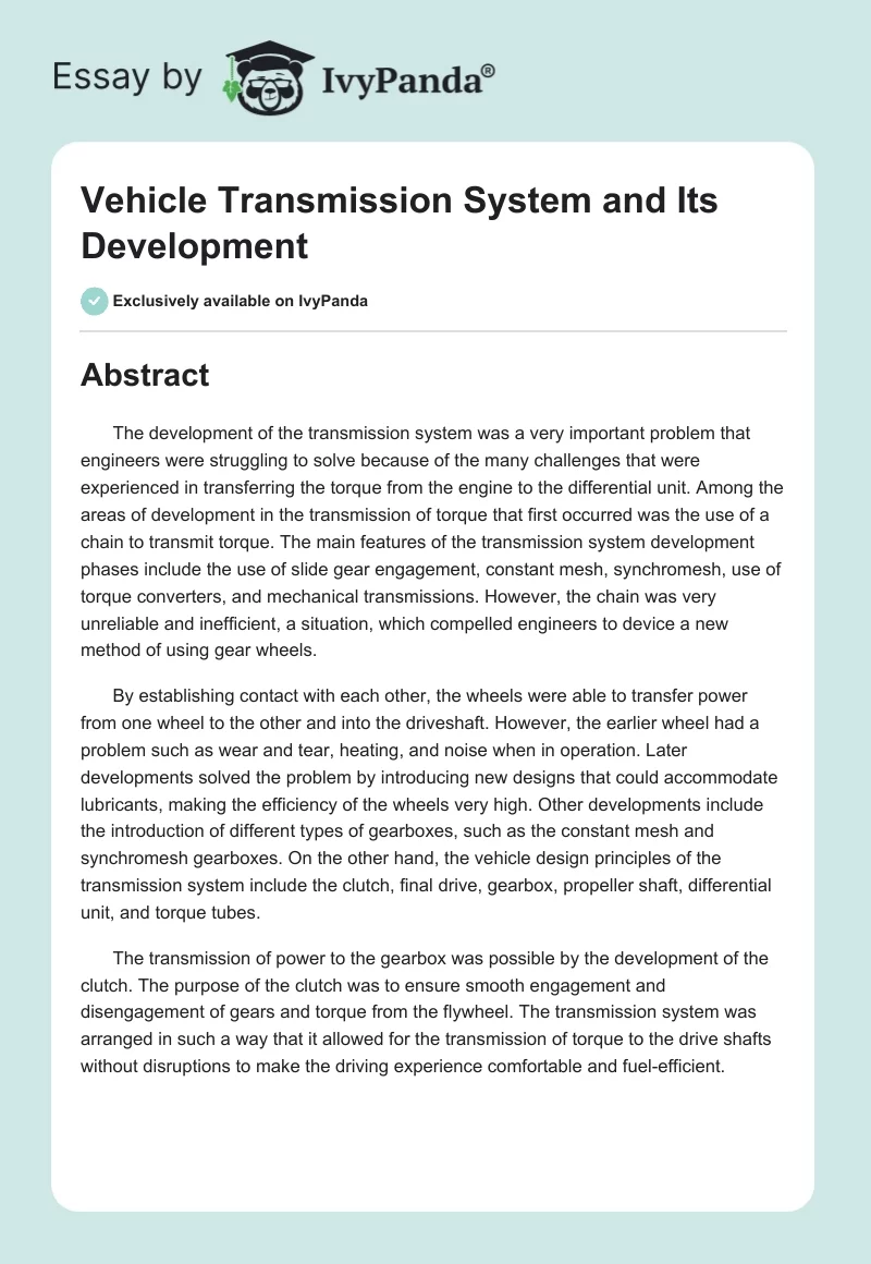 Vehicle Transmission System and Its Development. Page 1