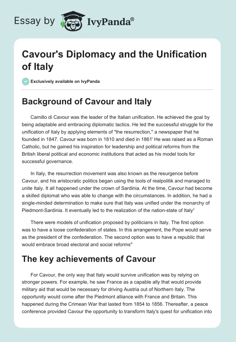 Cavour's Diplomacy and the Unification of Italy. Page 1