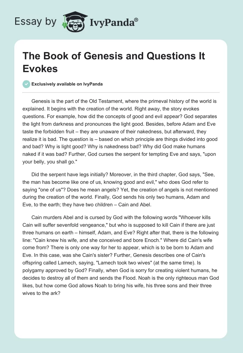 The Book of Genesis and Questions It Evokes. Page 1