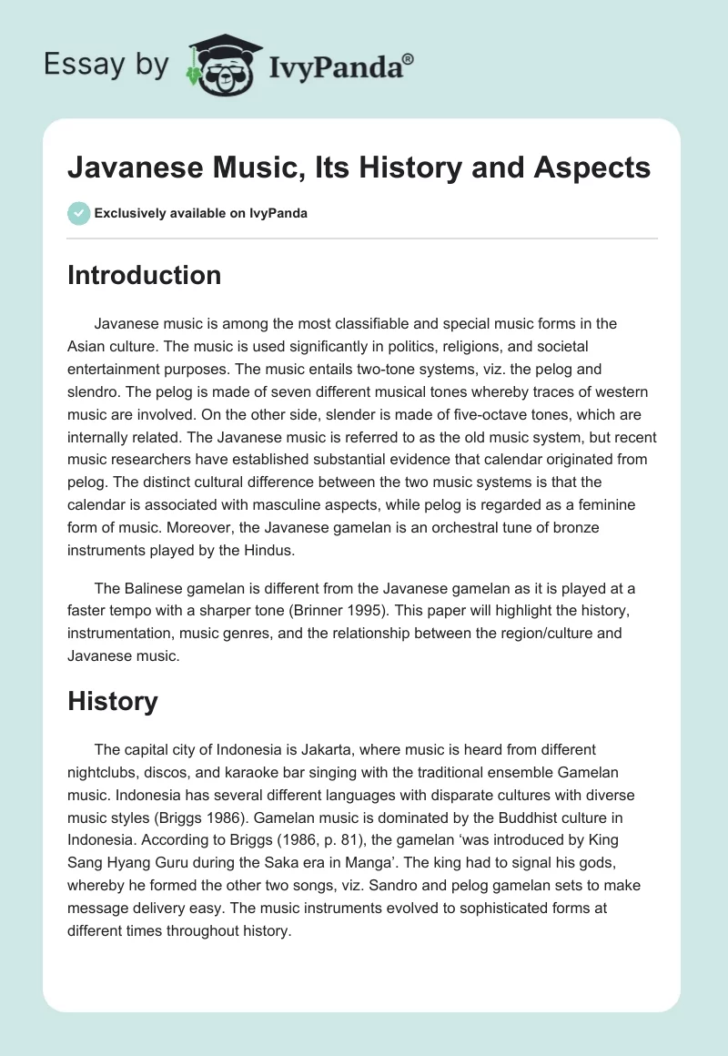 Javanese Music, Its History and Aspects. Page 1