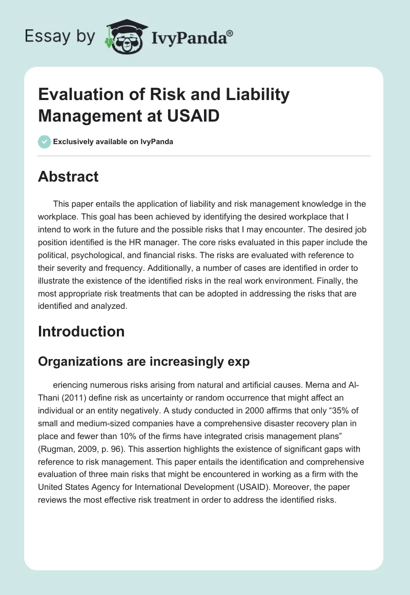Evaluation of Risk and Liability Management at USAID. Page 1