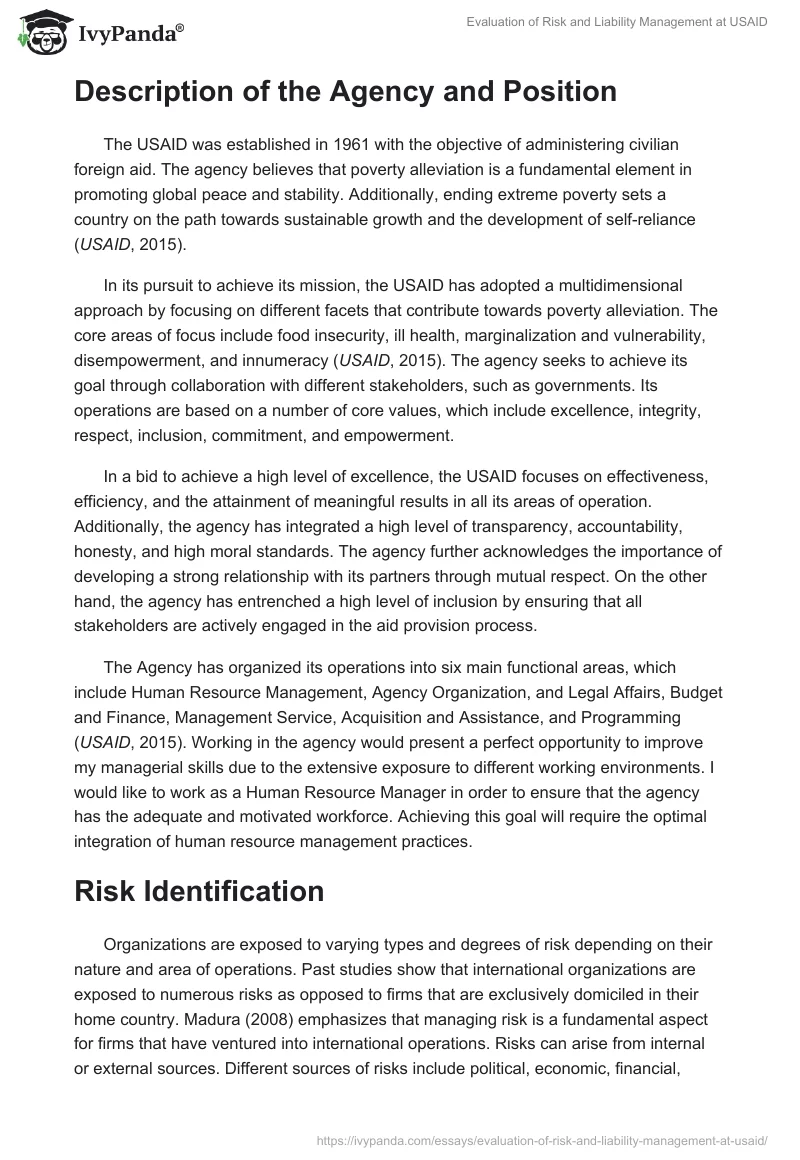 Evaluation of Risk and Liability Management at USAID. Page 2