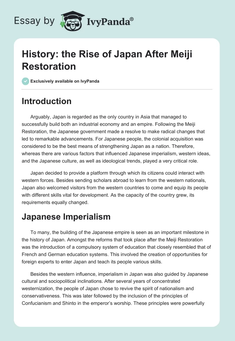 History: the Rise of Japan After Meiji Restoration. Page 1