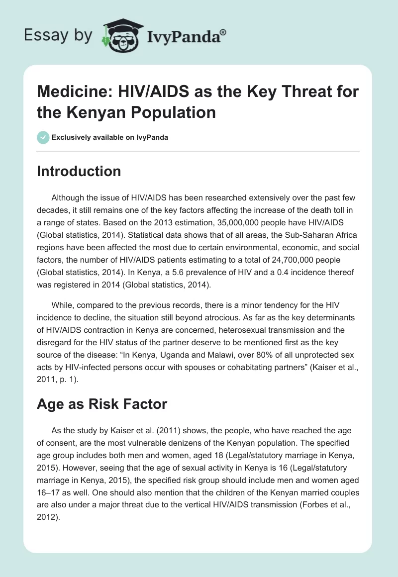 Medicine: HIV/AIDS as the Key Threat for the Kenyan Population. Page 1