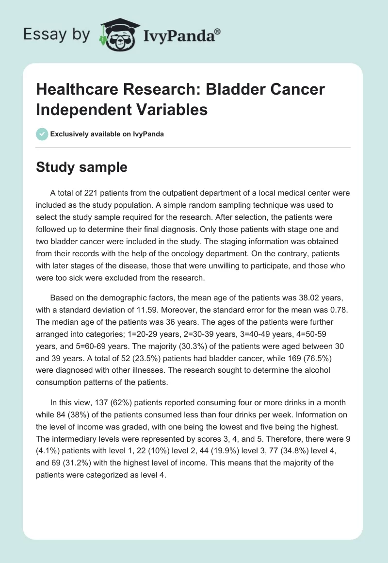 Healthcare Research: Bladder Cancer Independent Variables. Page 1