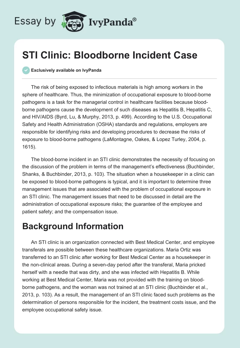 STI Clinic: Bloodborne Incident Case. Page 1