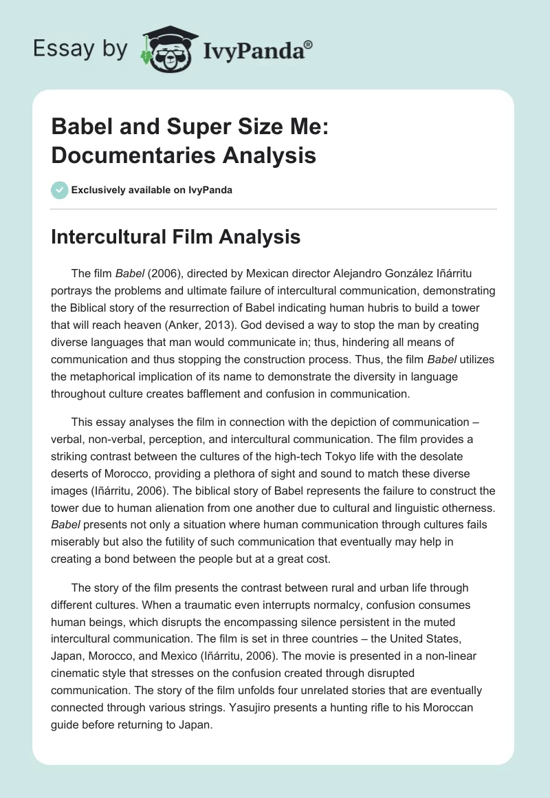 "Babel" and "Super Size Me": Documentaries Analysis. Page 1