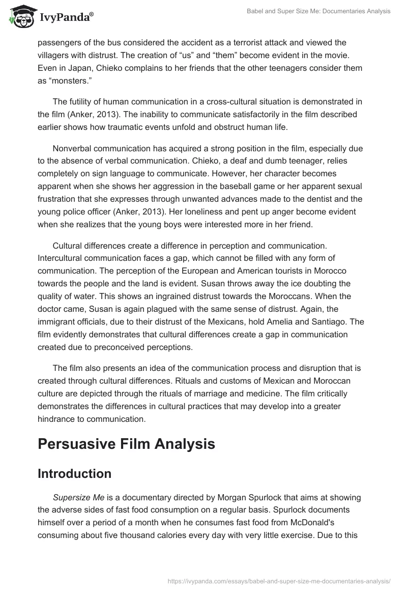 "Babel" and "Super Size Me": Documentaries Analysis. Page 3