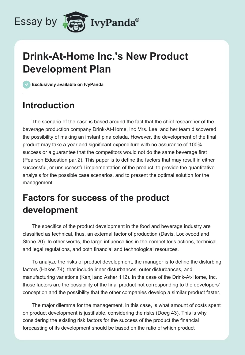 Drink-At-Home Inc.'s New Product Development Plan. Page 1