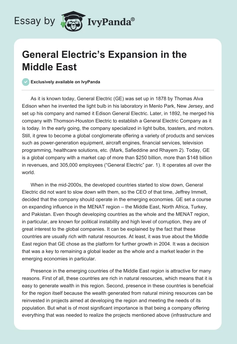 General Electric’s Expansion in the Middle East. Page 1