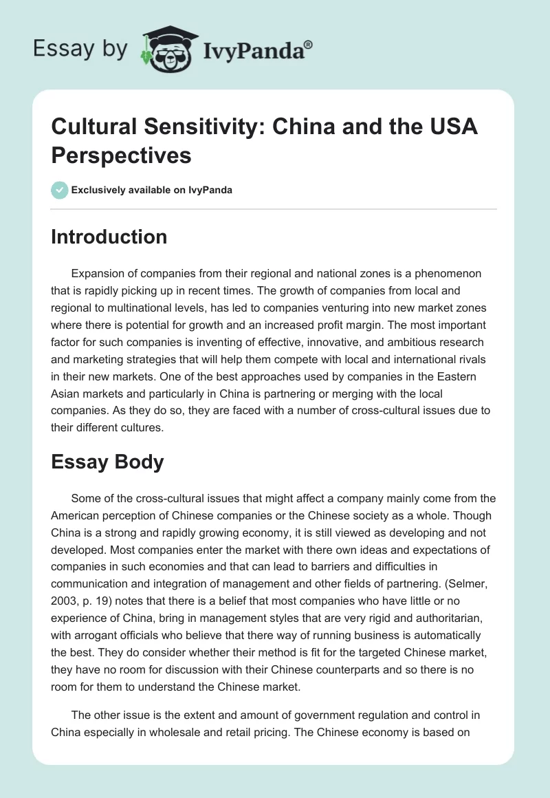Cultural Sensitivity: China and the USA Perspectives. Page 1