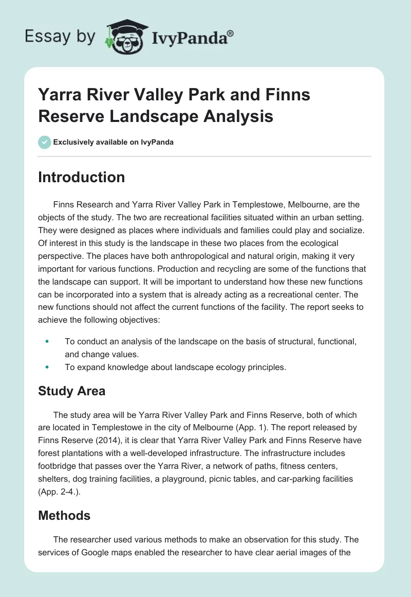 Yarra River Valley Park and Finns Reserve Landscape Analysis. Page 1