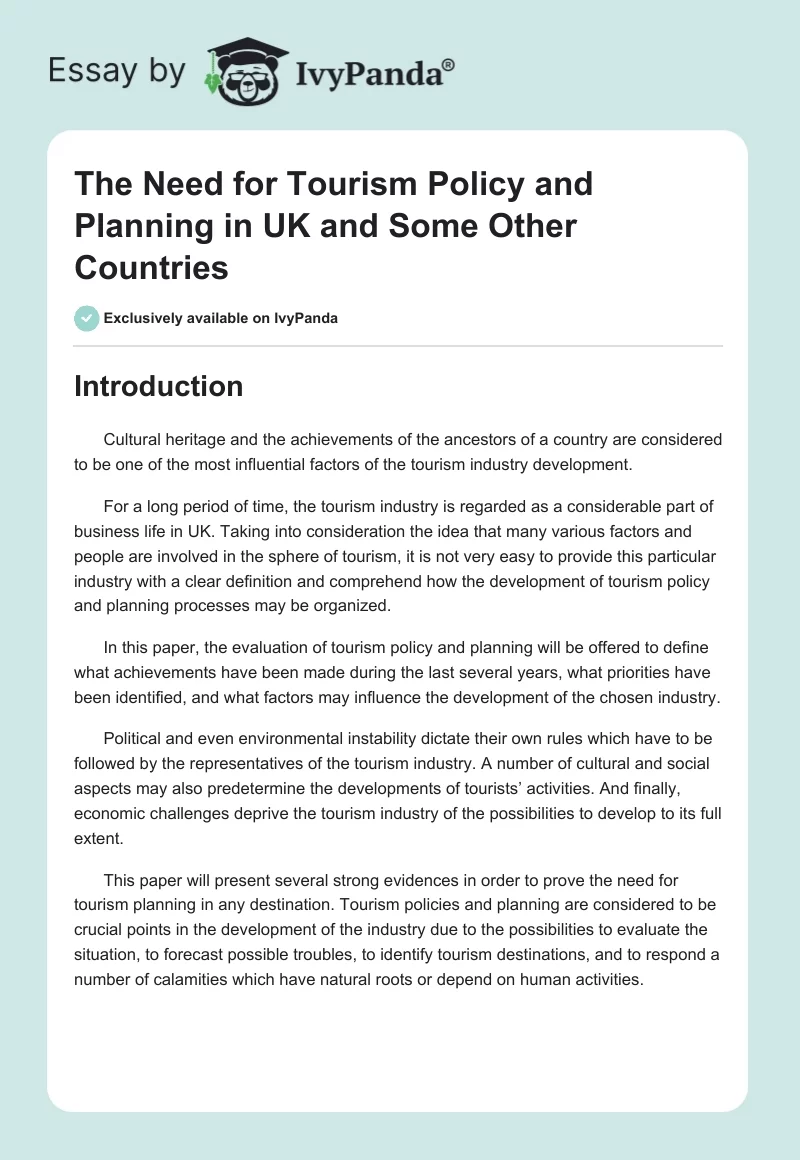 The Need for Tourism Policy and Planning in UK and Some Other Countries. Page 1