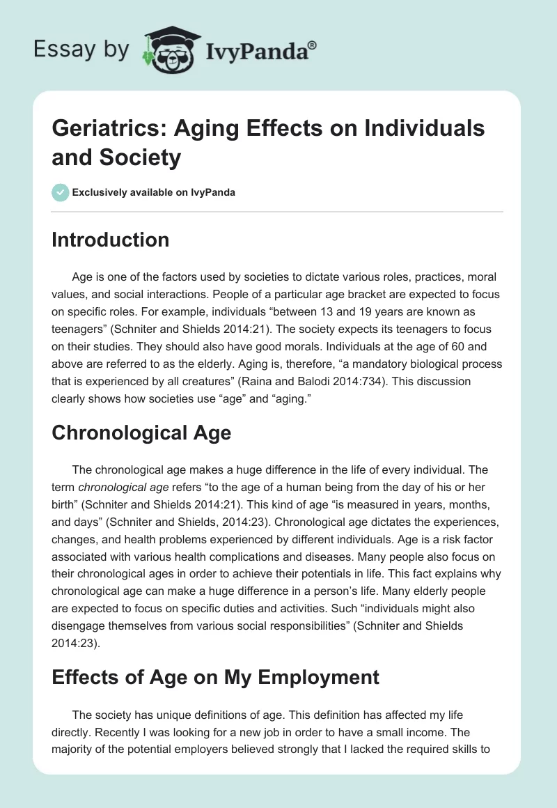 Geriatrics: Aging Effects on Individuals and Society. Page 1
