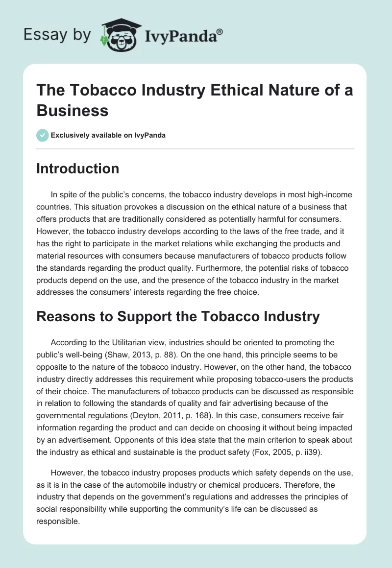 The Tobacco Industry Ethical Nature of a Business. Page 1