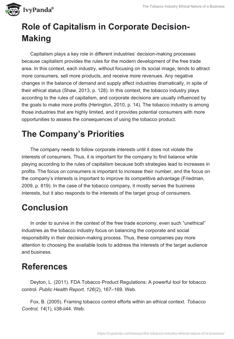 The Tobacco Industry Ethical Nature of a Business. Page 2