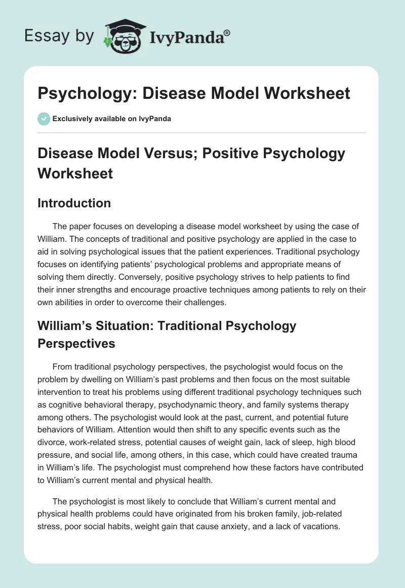 Psychology: Disease Model Worksheet. Page 1