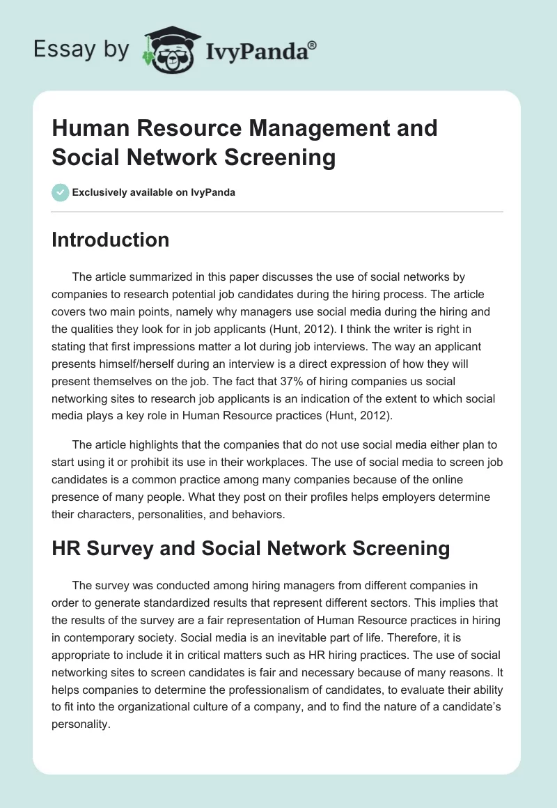 Human Resource Management and Social Network Screening. Page 1