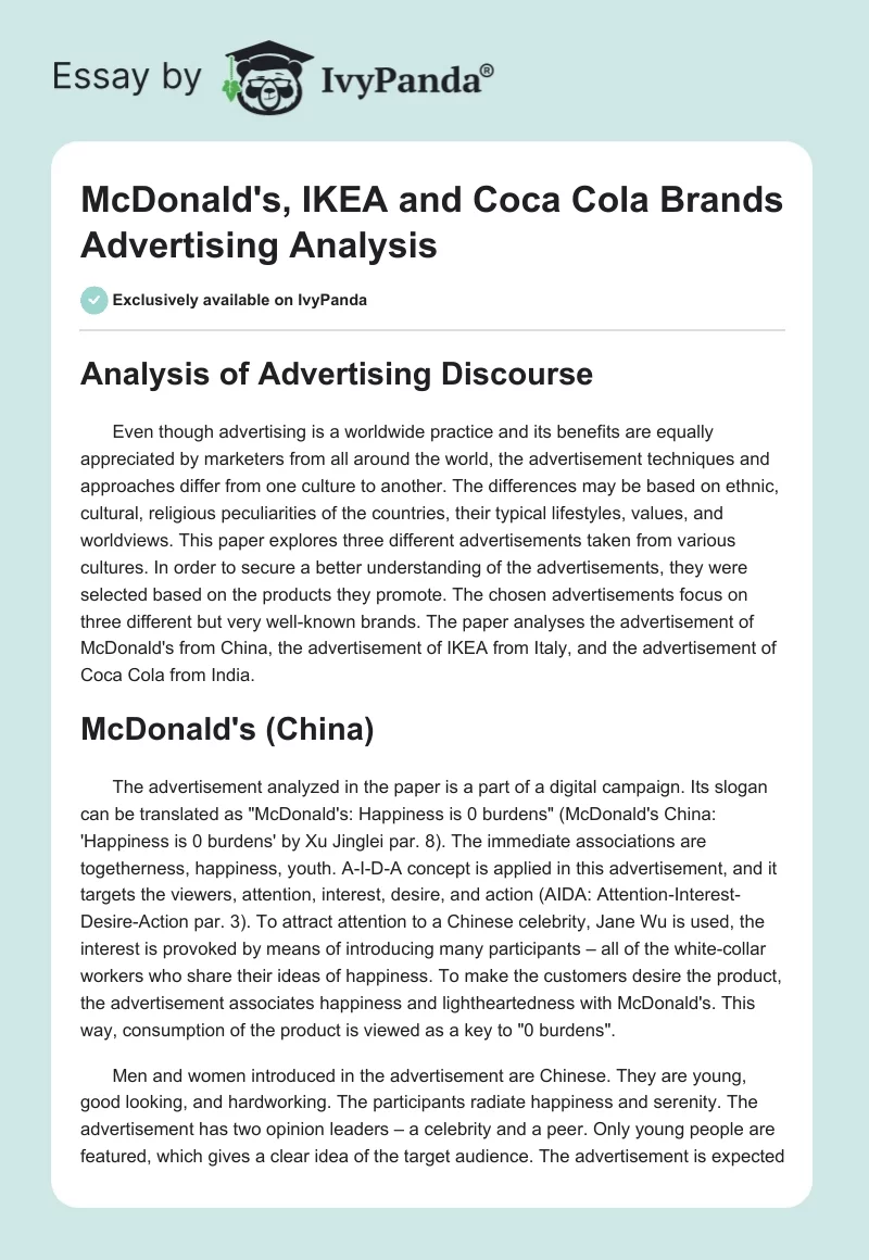 McDonald's, IKEA and Coca Cola Brands Advertising Analysis. Page 1