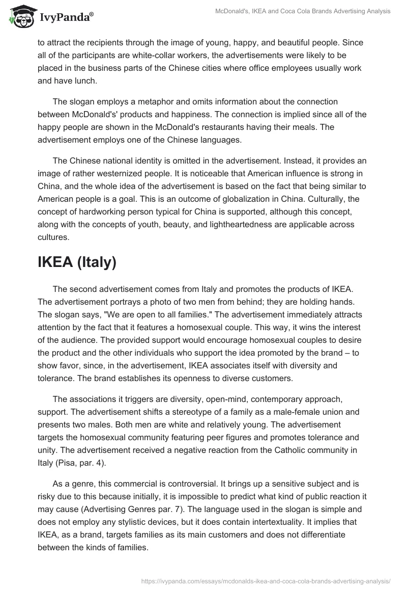 McDonald's, IKEA and Coca Cola Brands Advertising Analysis. Page 2