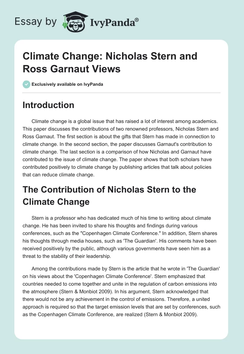 Climate Change: Nicholas Stern and Ross Garnaut Views. Page 1