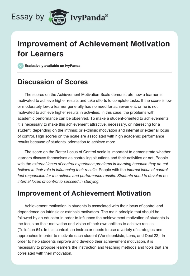 Improvement of Achievement Motivation for Learners. Page 1