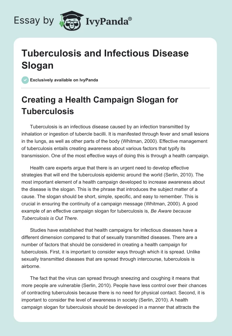 Tuberculosis and Infectious Disease Slogan. Page 1