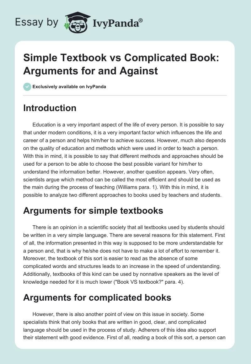 Simple Textbook vs Complicated Book: Arguments for and Against. Page 1