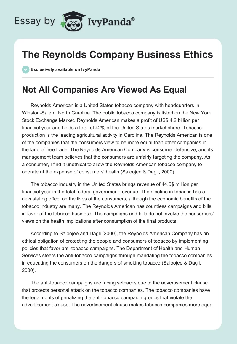 The Reynolds Company Business Ethics. Page 1