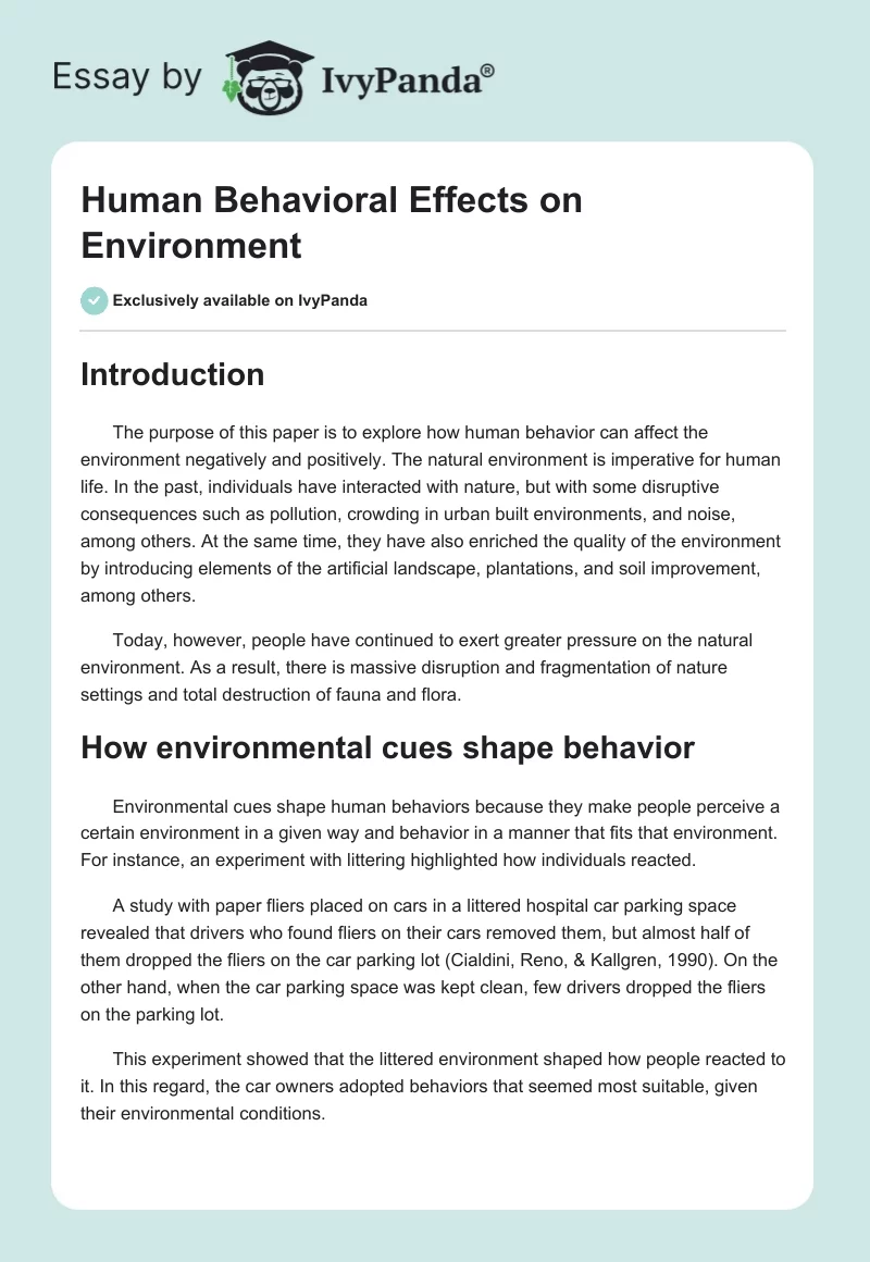 Human Behavioral Effects on Environment. Page 1