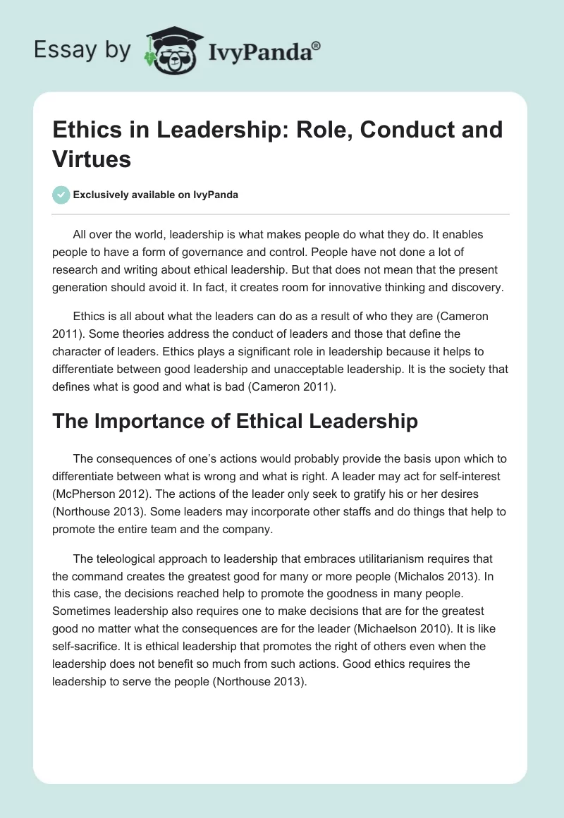 Ethics in Leadership: Role, Conduct and Virtues. Page 1