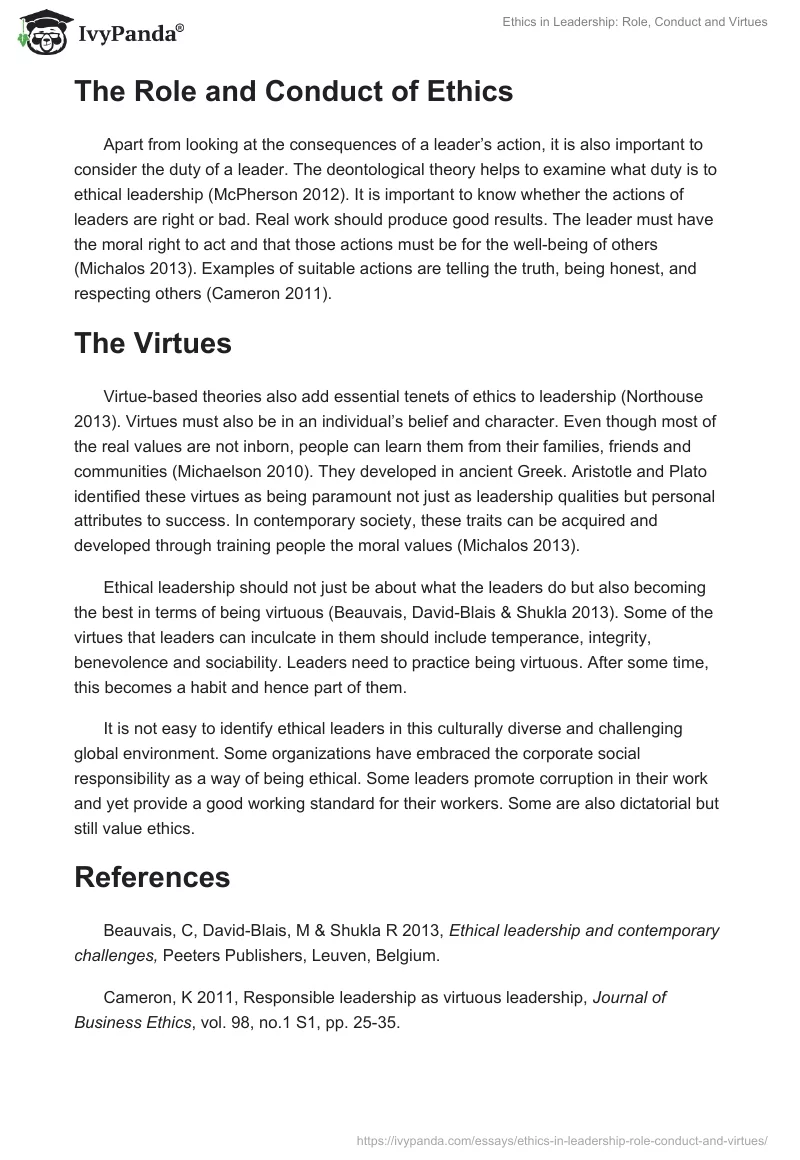 Ethics in Leadership: Role, Conduct and Virtues. Page 2