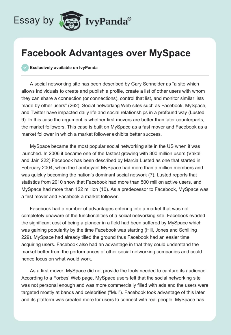 Facebook Advantages over MySpace. Page 1