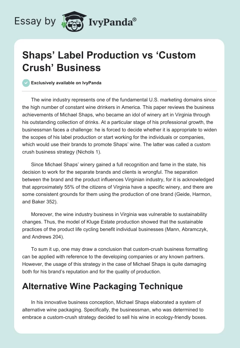 Shaps’ Label Production vs ‘Custom Crush’ Business. Page 1